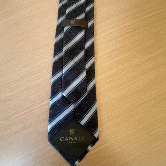 Canali Dark Grey, Silver, Blue Silk/Cotton Blend Striped Tie - Picture 6 of 8
